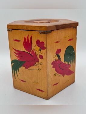 Vintage Rooster Wood Nesting Canister Octagon Japan Brown Red Large 7" x 8"